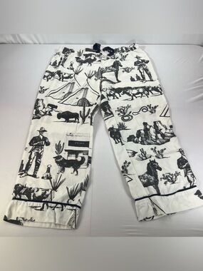 Katie Kime Pajama Pants Size Large White Black Western Horse Cactus Print Bottom